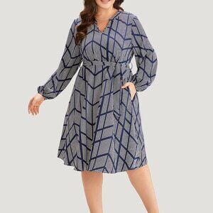 Allover Print Stand Collar Pocket Ruffles Dress